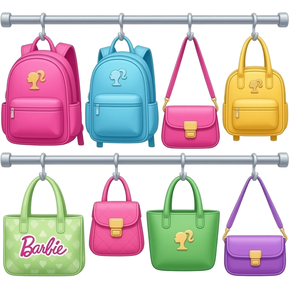 pink, blue, yellow, green, purple a hanging bag rack  filled with a variety of bags including backpacks, handbags, shoulder bags, mini bags, tote bags, and crossbody bags inspired by Barbie colour palette emoji