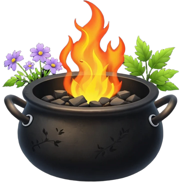 Black cauldron with herbs flowers and fire  emoji