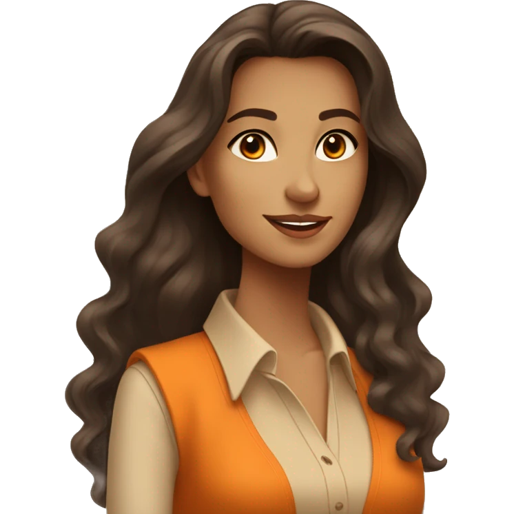 a charming tanned woman long wavy chocolate hair, caramel eyes, beige shirt, orange vest emoji