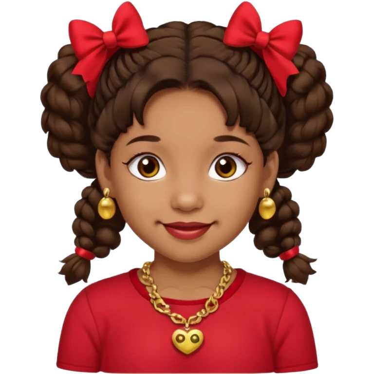 Brownskin girl dark brown hair fluffy. pigtails with red bows brown eyes smiling closed mouth red shirt gold esrrings gold necklace emoji
