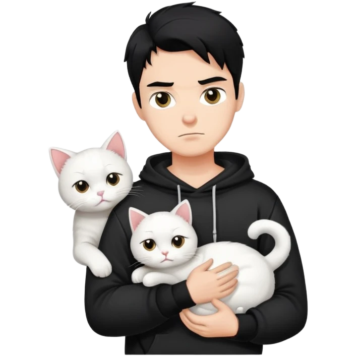 A bad boy with black hair wearing a sweatshirt holding a white cat emoji