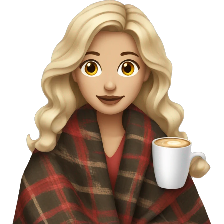 Dark blonde hair woman with brown eyes cozy plaid blanket with coffee emoji