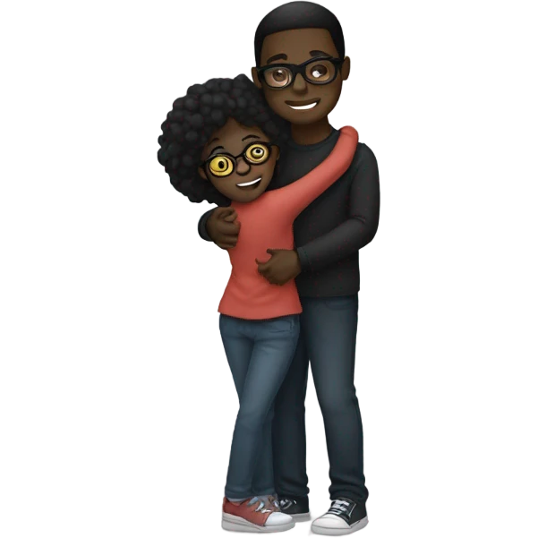 A dark black boy hugging a light black girl with glasses emoji