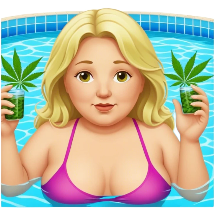 Middle aged, long blonde haired, chubby woman in a swimming pool with marijuna emoji