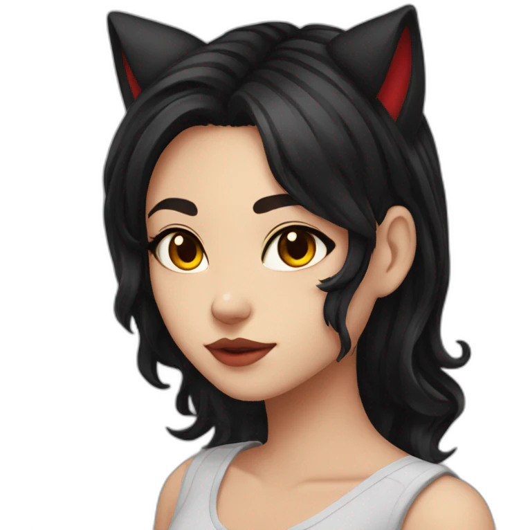 girl, cat ears, black hair, wavy hair, red eyes, black sclera emoji