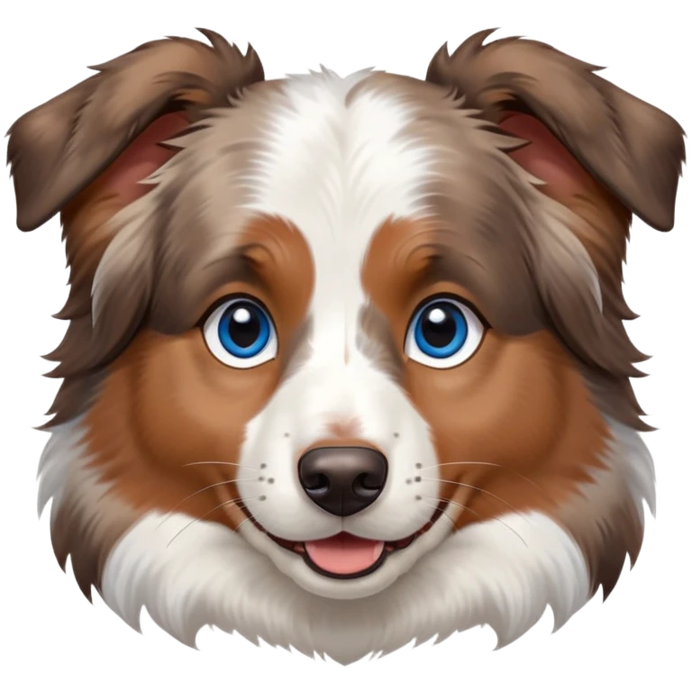 cute close-up of Australian Shepherd dog face, adorable expression, detailed heterochromatic eyes (one blue one brown), fluffy fur with merle pattern, expressive ears, sweet smile emoji