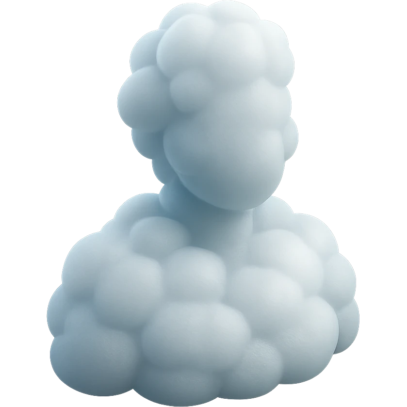 person made entirely of white fluffy convex clouds, shoulder up, front view, matte glass style emoji