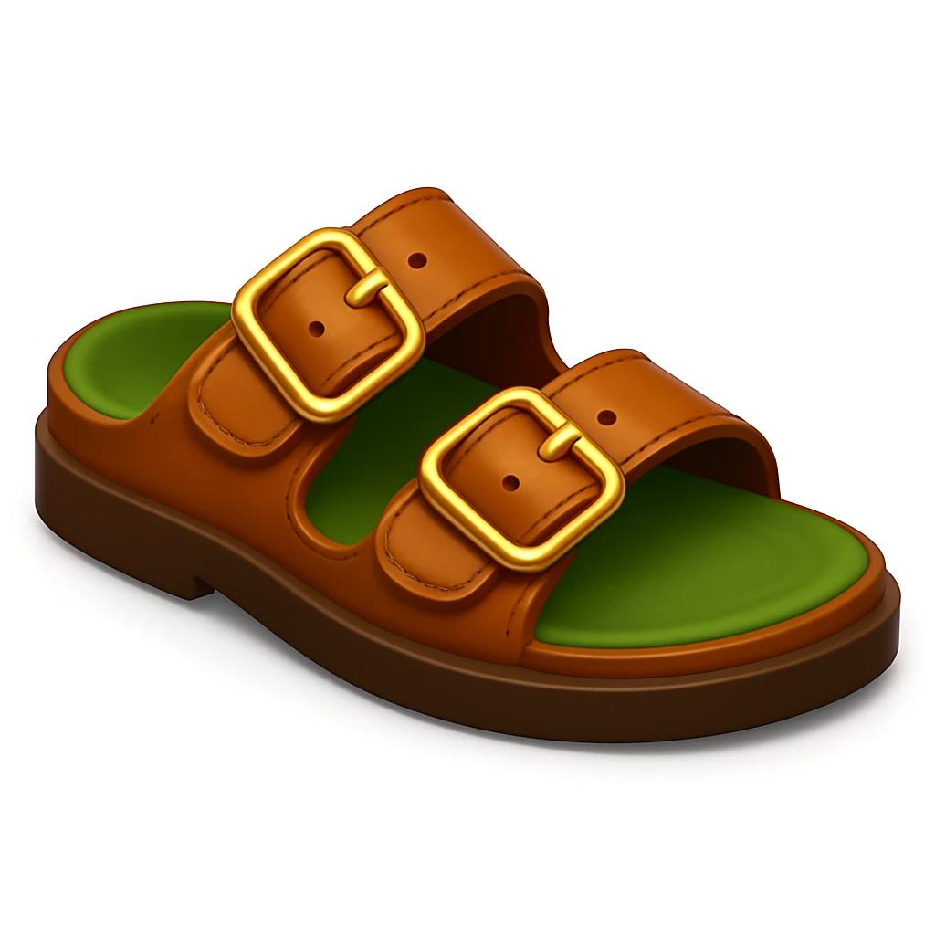 Keep the image exactly the same, just make the sole of the shoe brown. Add a soft shadow under the shoe. The style is iOS emoji style, 3D, shiny, smooth gradients, soft shadows, realistic brown sandal with straps, classic emoji look. emoji