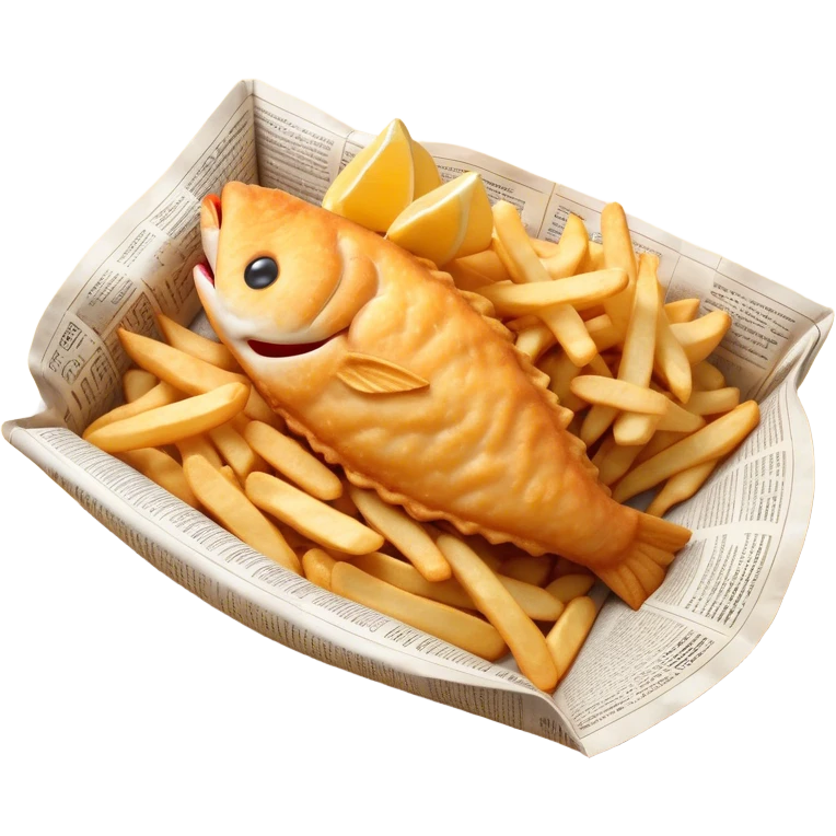 Cinematic Realistic Fish and Chips Dish Emoji, depicted with crispy golden battered fish and chunky hand‚Äêcut chips served in traditional newspaper wrapping, rendered with mouth‚Äêwatering texture and warm natural lighting that captures its quintessential British charm. emoji