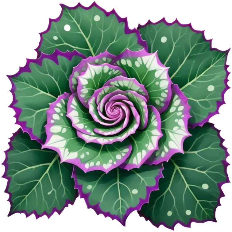 Close-up of Begonia Rex leaf center showing spiral growth pattern, dark green leaf with purple edges and white spots emoji