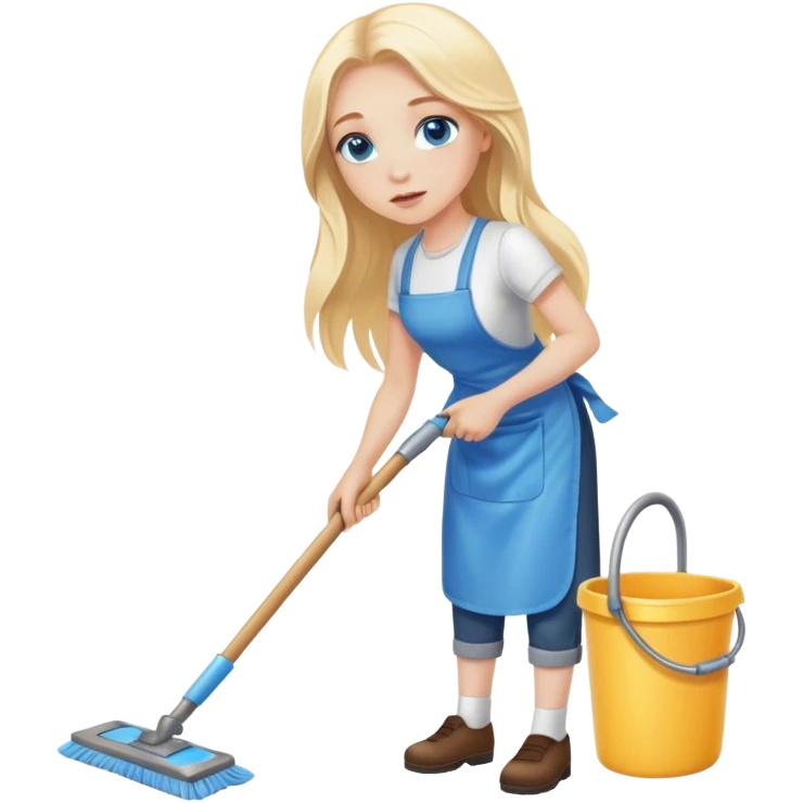 Cinematic realistic blonde with long hair, blue eyes cleans floors emoji