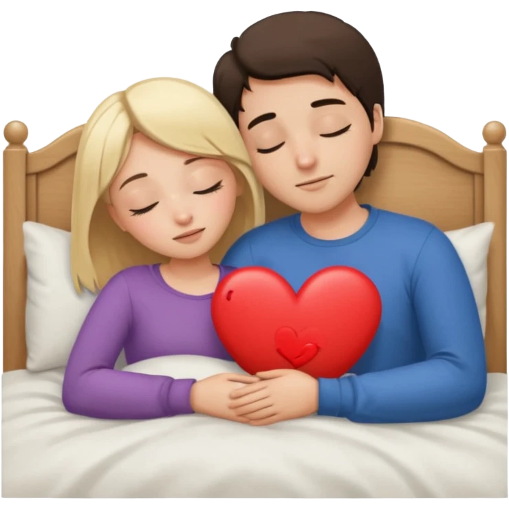 cuddling in bed, asleep. blonde girl. brunette man. eyes closed. heart between them. no headboard emoji