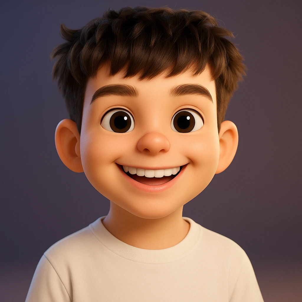 Create a 3D Memoji-style portrait with smooth plastic skin, big glossy eyes, a wide smiling mouth, oversized head, and cartoon proportions. Use vibrant colors, Pixar-like style, studio lighting, and a blurred background. The style should resemble a 3D Memoji portrait with a playful and polished look. emoji