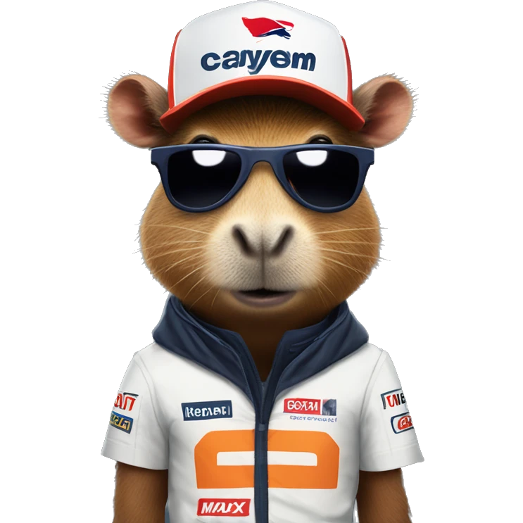 capybara dressed in a max verstappen outfit with a poster of him emoji