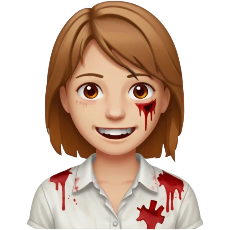 парень с русыми волосами средней длины; белая кожа; белые глаза; открытая улыбка, окровавленные зубы; emoji