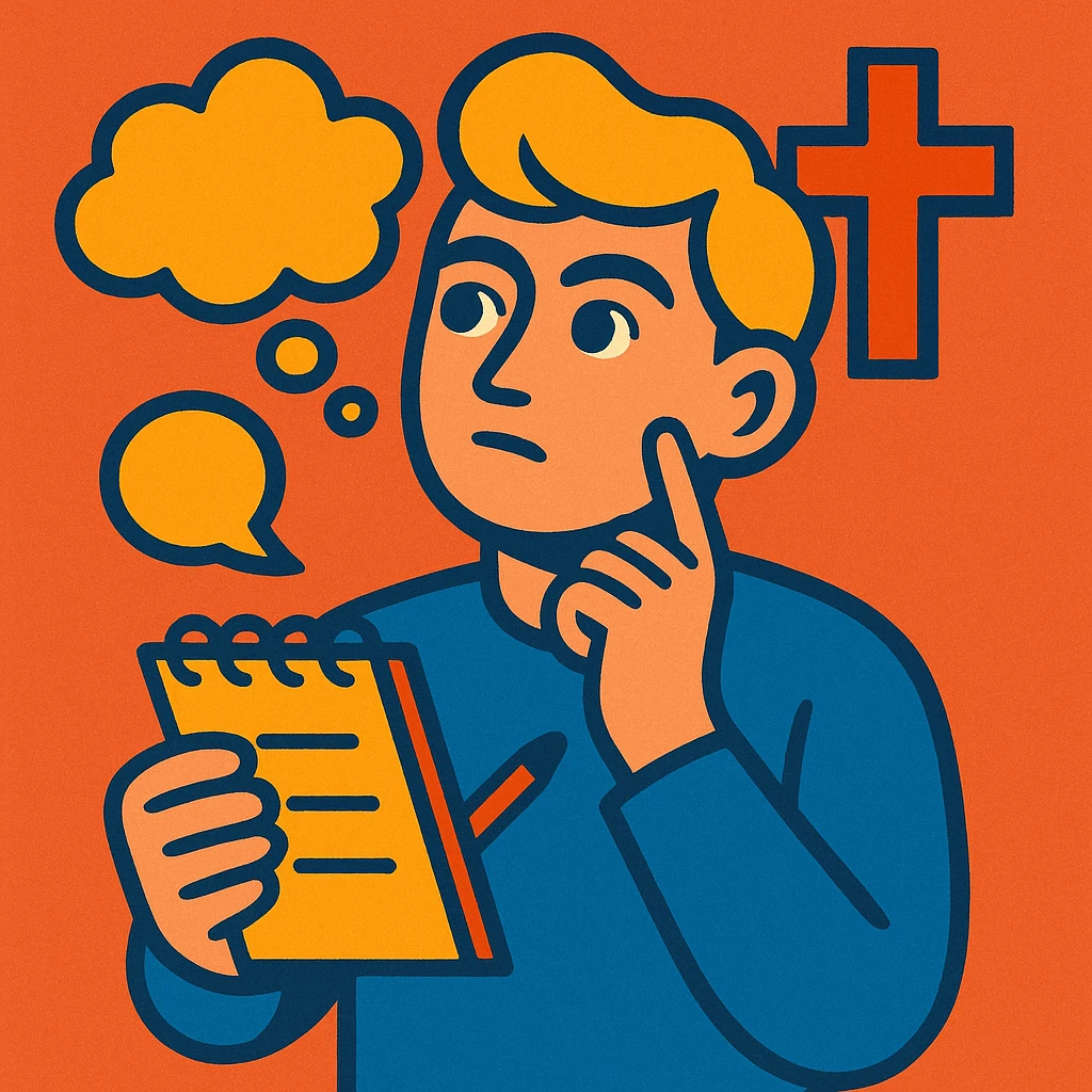 a person with a notepad, thoughtful pose, representing personal beliefs and storytelling emoji
