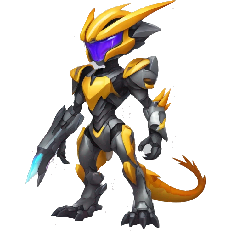 Colorful Edgy Chibi WarGreymon-Velociraptor-Genesect-Fakémon-Pokémon wearing a with a futuristic visor-helmet And Mecha-suit Full Body emoji