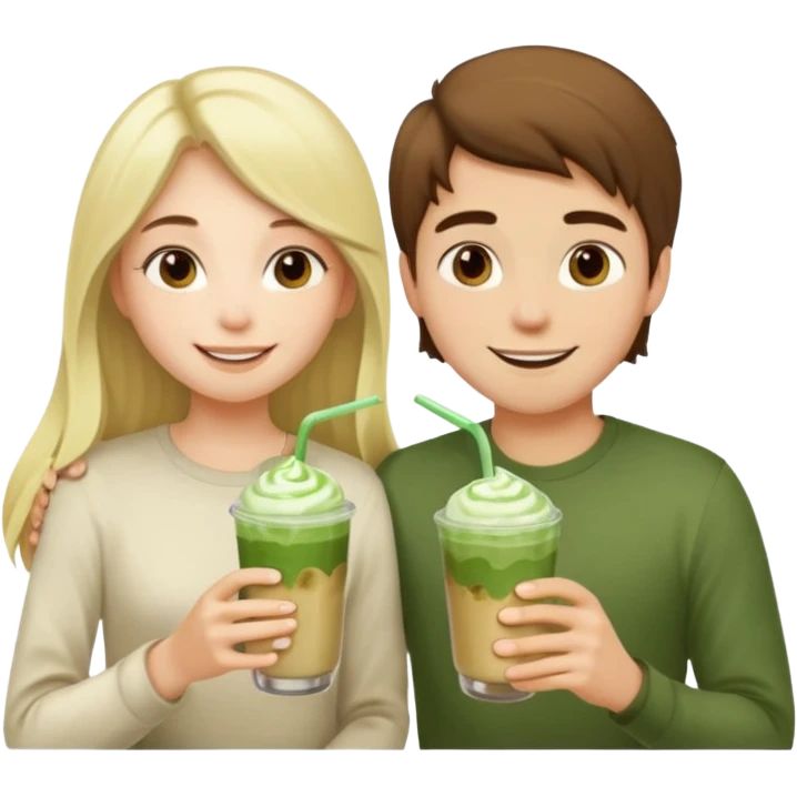 light blonde with long hair luxury girl and brown hair boy drinking ice matcha latte together emoji