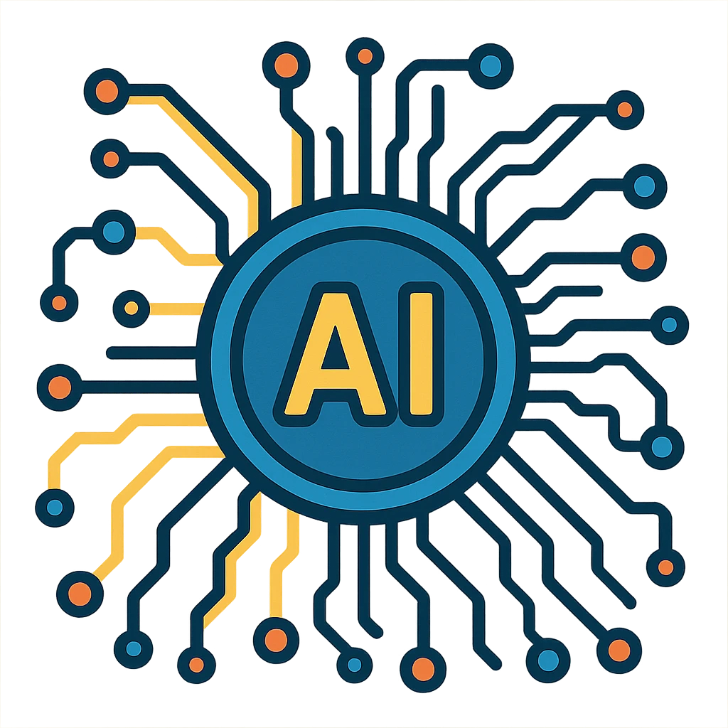 circular computer chip with 'AI' in the center, intricate circuit lines emoji