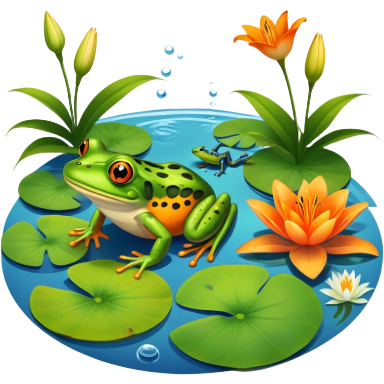 Icon for Amphibians: A colorful collage featuring a frog sitting on a lily pad, a salamander crawling on the ground, and a newt swimming in water. The background features lily flowers and a calm pond setting. Transparent background. emoji