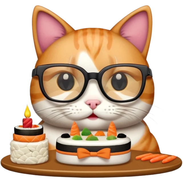 cat with cool square glasses eating a birthday cake made out of sushi emoji