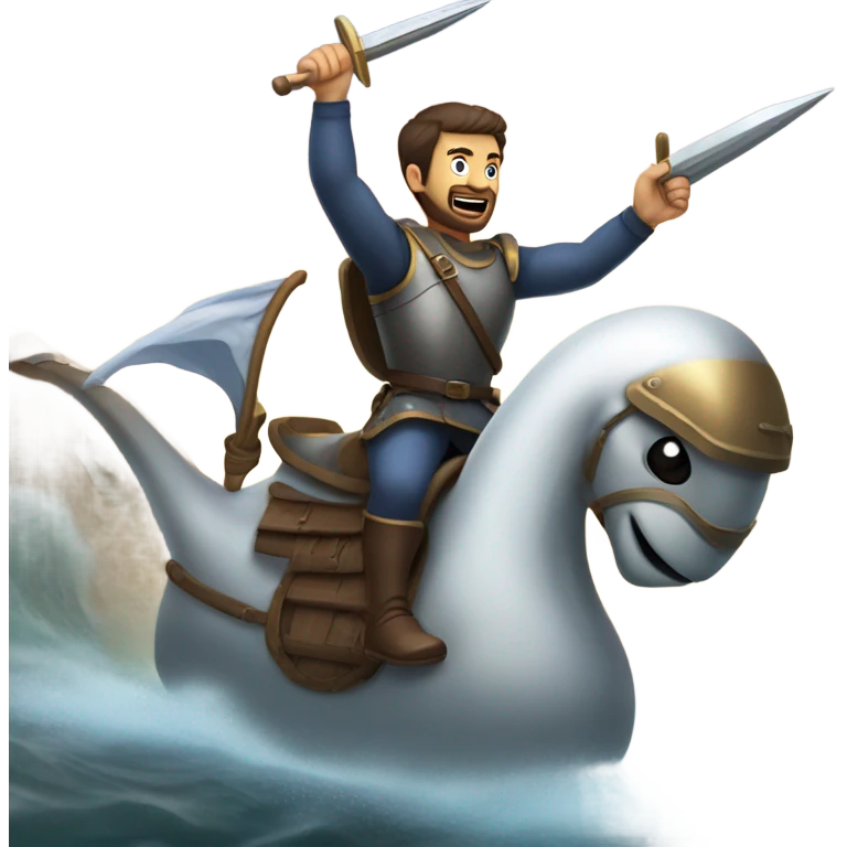 Confident armored White Man with dark brown hair and a short beard pointing forward with one arm yelling a battle charge while riding on the back of a giant armored duck emoji