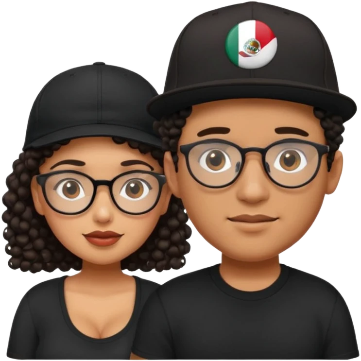 A picture of a cute tanned couple. the man is Mexican, with a bald hair cut wearing a SnapBack hat and a black shirt. the woman is mixed, she has curly longer dark brown hair, thicker and with big boobs and the woman has glasses emoji
