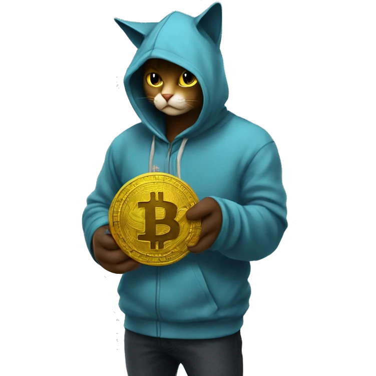 A hooded cat is holding btc in his hand  emoji