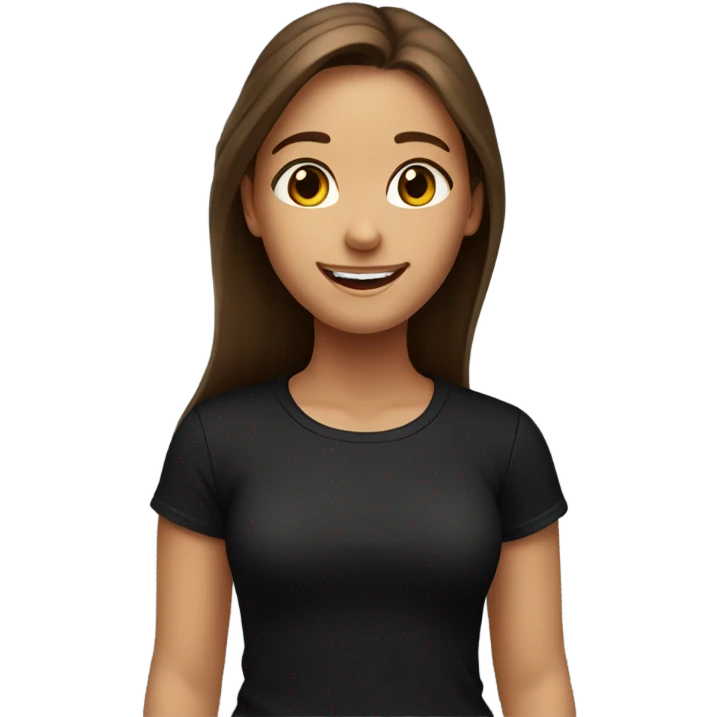 a happy girl with a black t shirt, long hair, brown eyes and brown hair, in front of a world  emoji