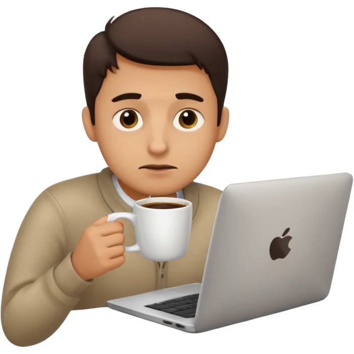 tired programmer with dark circles under his eyes drinks coffee with a laptop emoji