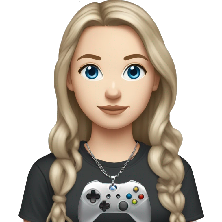 white girl, long brown hair, light blue eyes, black t-shirt, one silver chain necklace, grey joggers, white airforces and blue xbox controller  emoji