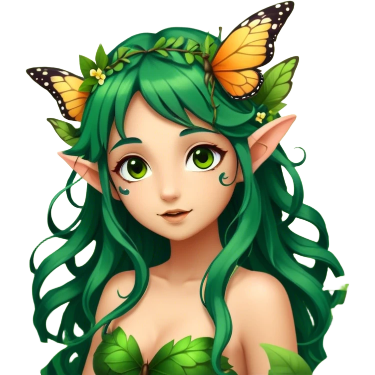 Cinematic Realistic Forest Nymph Fairy Portrait, head tilted playfully and inquisitively, showcasing a nature-inspired form with intricately detailed, sunlit tanned skin and cascading dark green hair interlaced with leaves and blossoms showing her large butterfly wings from her back. Her bright, curious eyes sparkle with forest mischief, rendered with lifelike clarity and warm, dappled lighting that captures the spirit of an enchanting woodland fairy ready to dance among the trees. emoji