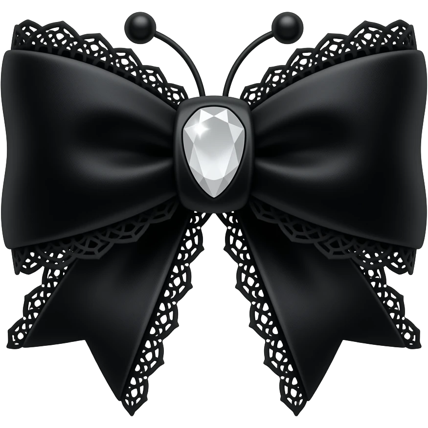 butterfly, 3D emoji gothic bow, black velvet, matte black filigree, black lace trim, white gem, elegant emoji
