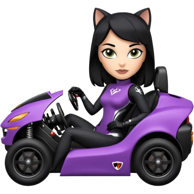 full size real-appearance electric road racing sexy CatWoman’s feminine midnight-colored tight outfit sixty’s tv show dark stealthy accurate sporty safe plush deluxe off-road pursuit drifting car jaguar accents (black hair,reclined and relaxed torso and shoulders seating position) cross kart  emoji