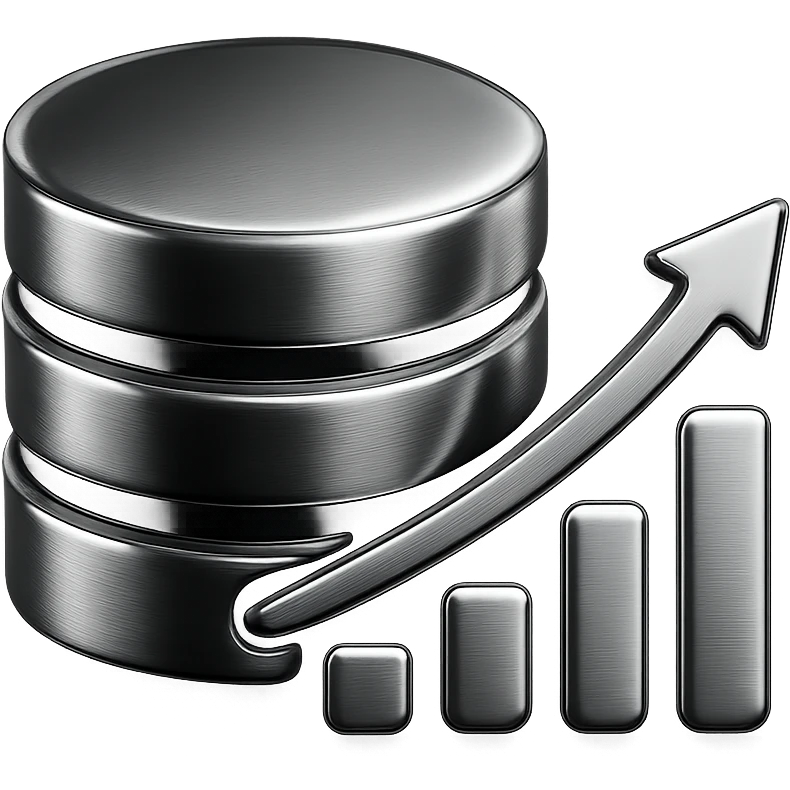 stylized chrome icon representing efficient databases and database structures for optimal performance and scalability, modern, shiny, tech-inspired emoji