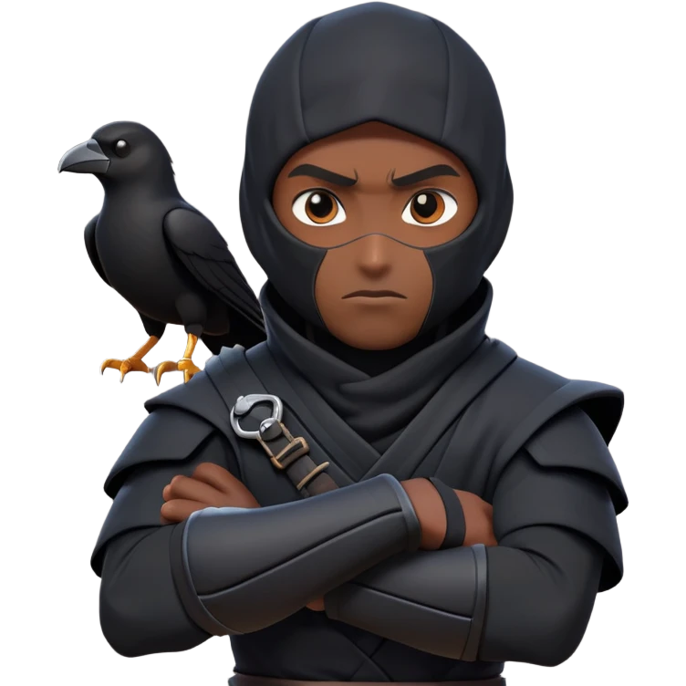 clash-of-clans-aesthetic_-cinematic-mysterious-male-ninja-portrait-emoji, rendered in a flat, vector-style with minimal shading and bold, simplified shapes, with a head slightly turned revealing intense, focused eyes. the ninja has his arm out and perched on top of his forearm is  a  giant black crow emoji