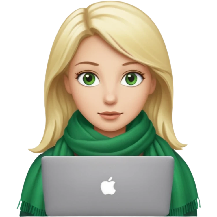 blond women skine , with green eyes and scarf . with macbook emoji