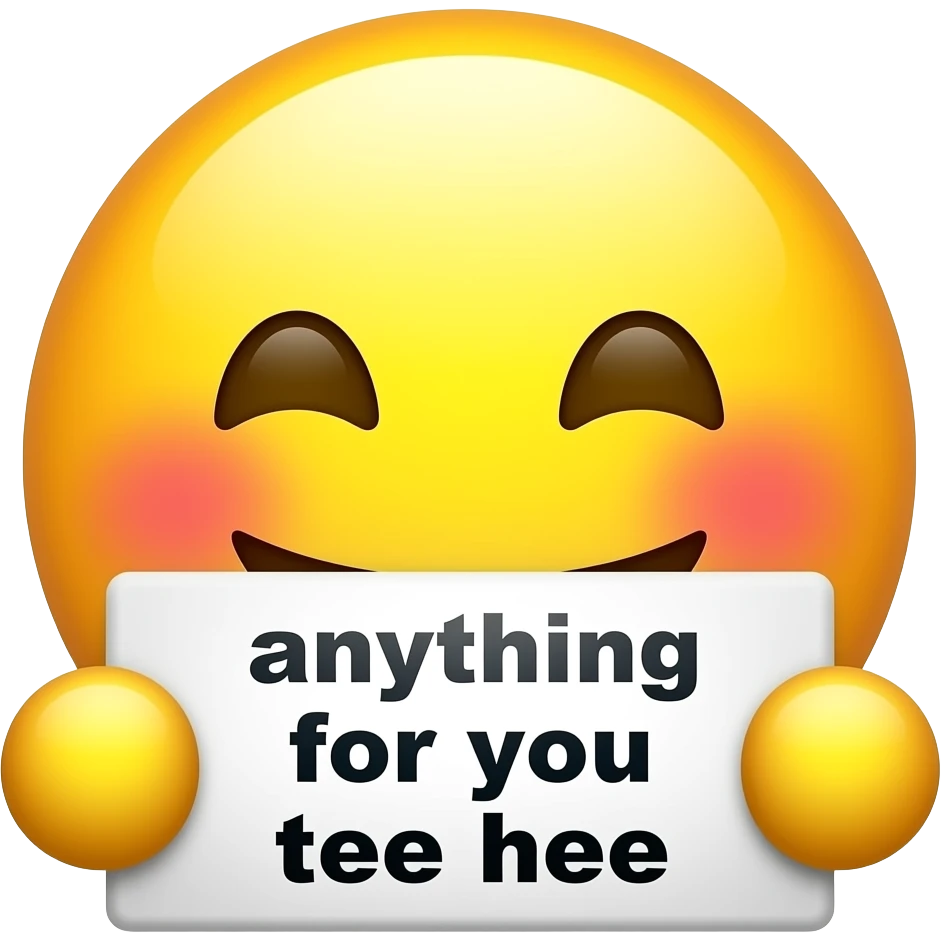 Yellow smiley blushing covering mouth in love holding up a sign sign that says "anything for you tee hee" emoji