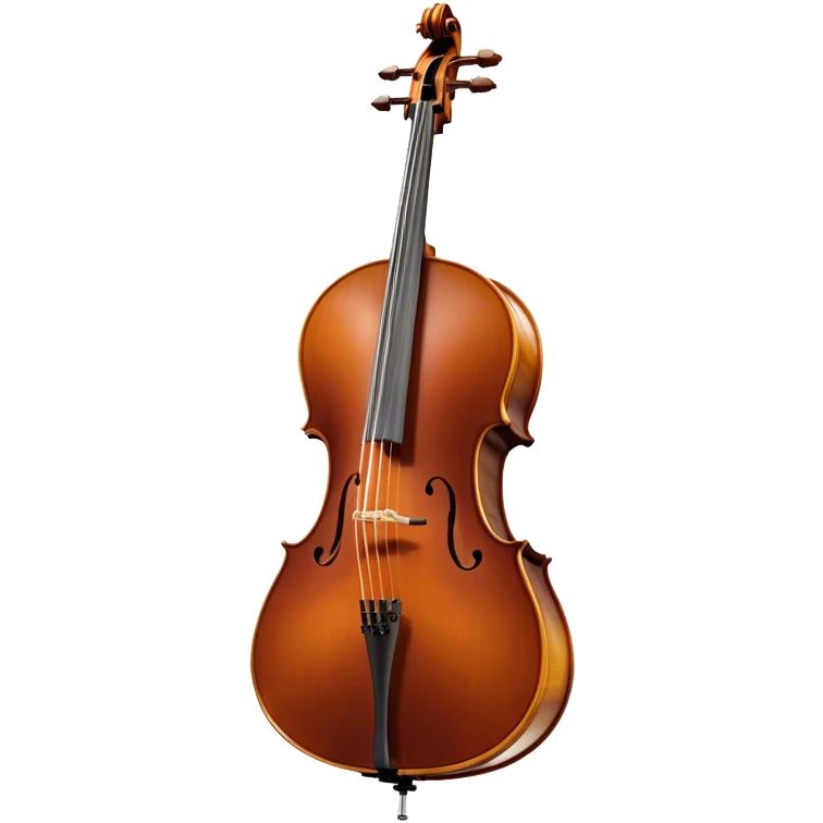 Create an elegant and refined emoji representing the Cremona cello with a Hans Klein HKCB bow. The design should feature the curved wooden body of the cello with a rich, glossy finish, capturing its classical shape and intricate details. The bow should be displayed with fine craftsmanship, highlighting the hair and the smooth, polished wooden stick. Include subtle musical notes floating around the instrument to emphasize its rich, melodic sound. Use deep wood tones like chestnut brown, gold accents for the fittings, and soft lighting effects to give the instrument a timeless, professional feel. The background should be transparent. emoji