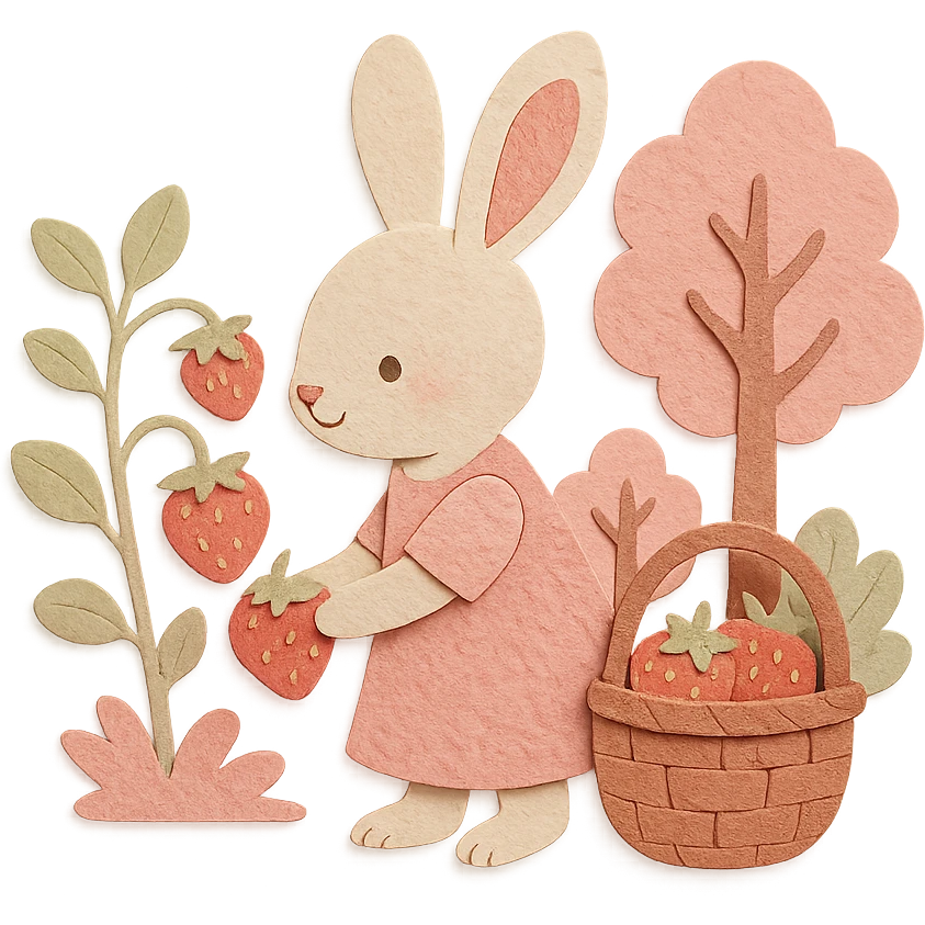 highly detailed, high quality paper craft style illustration of a bunny picking strawberries in the woods, sweet pastel red colors, intricate textures, soft lighting, delicate cut-paper details emoji