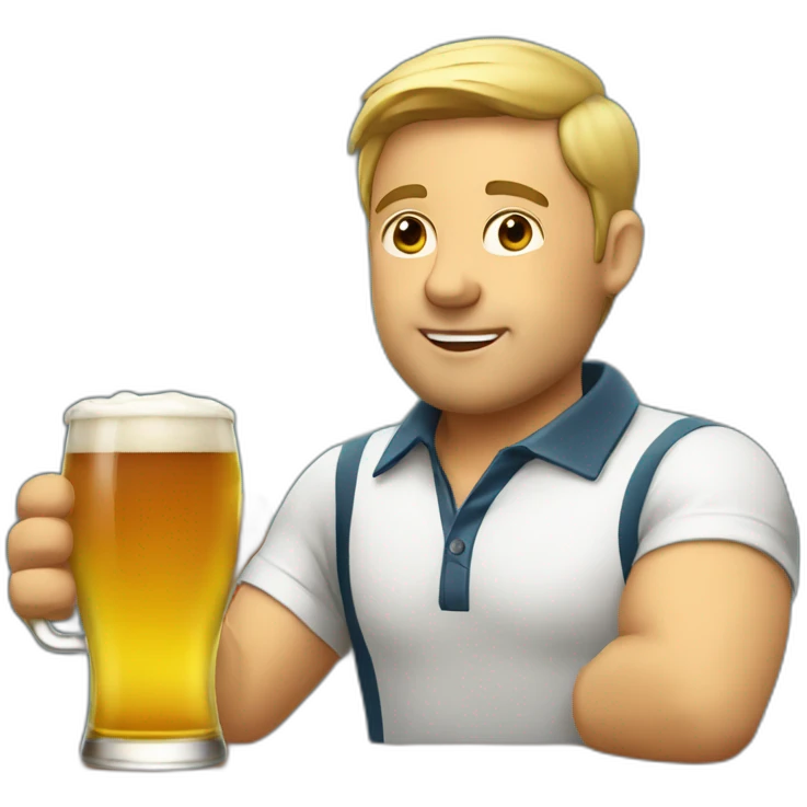 a male executive in polo shirt is drinking beer. emoji