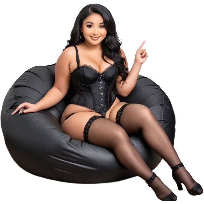 Curvy woman with brown skin with long wavy black hair, dark brown eyes. She's wearing a black lace corset, black lace thong, black fishnet stockings and suspender belt, she's sat on a big dark grey bean bag chair with her legs open and feet on the floor. Shes smiling and pointing at the camera emoji