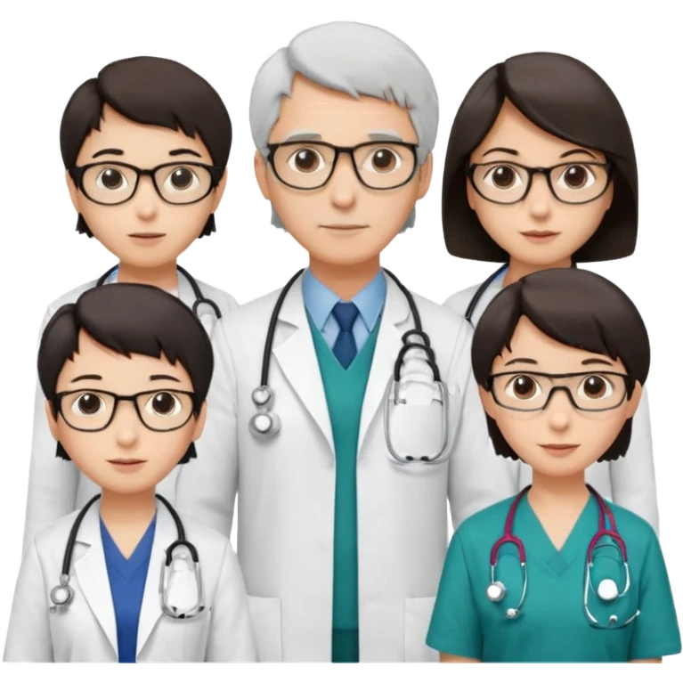 Four doctors standing together:

a female doctor with dark-colored short bob hair,

a young male doctor,

an older male doctor with white hair wearing glasses,

and a female doctor wearing glasses. emoji