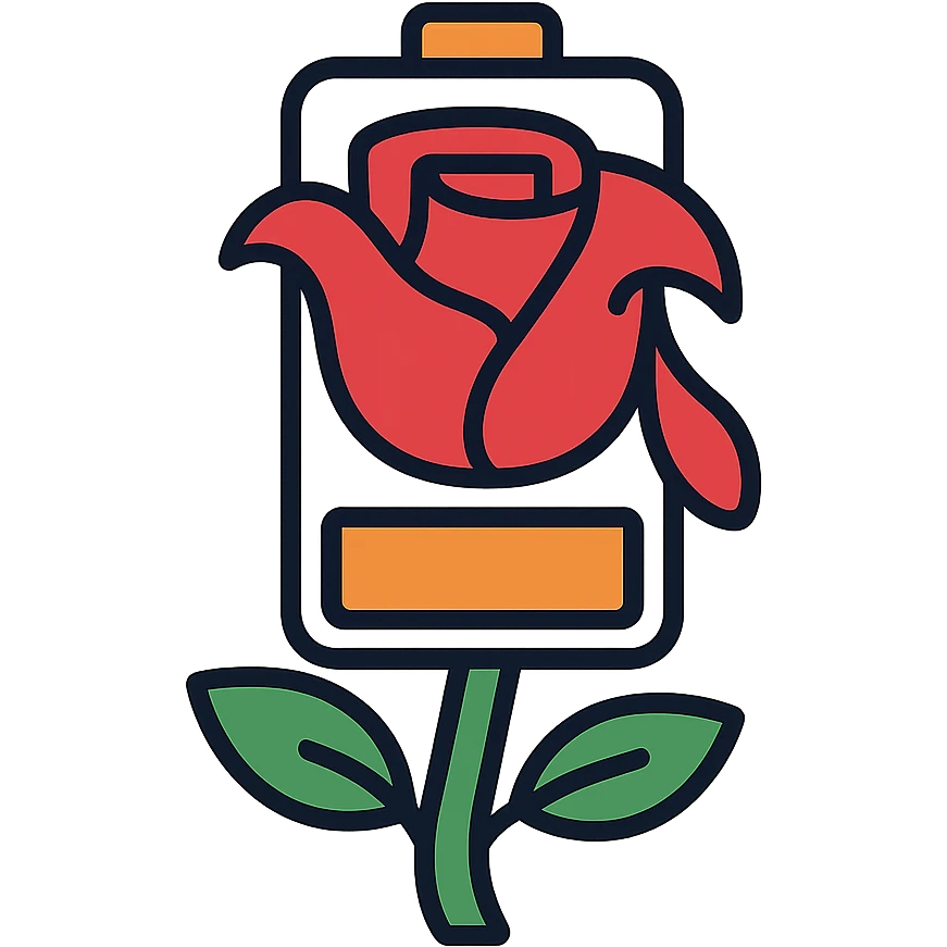 Battery shaped like a rose flower with wilting petals and low power indicator emoji