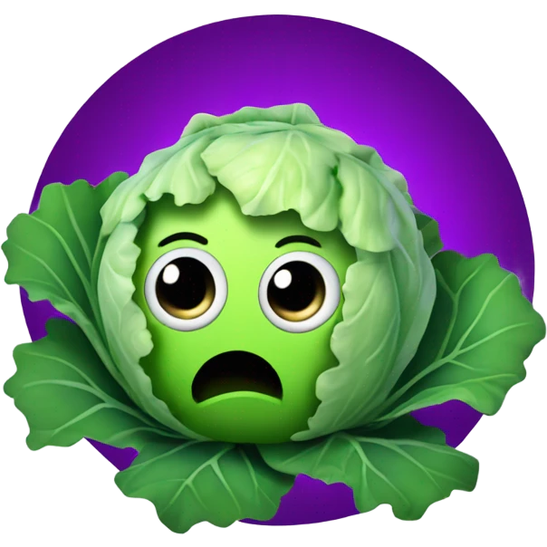 Create 3D color cabbage emoji with mysterious face and big shiny eyes 👀. has two leafy hands, hand holds a small mirror 🪞 emoji
