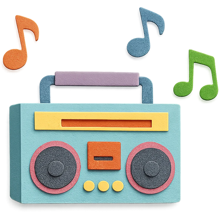 paper-craft style boombox with colorful musical notes floating around emoji