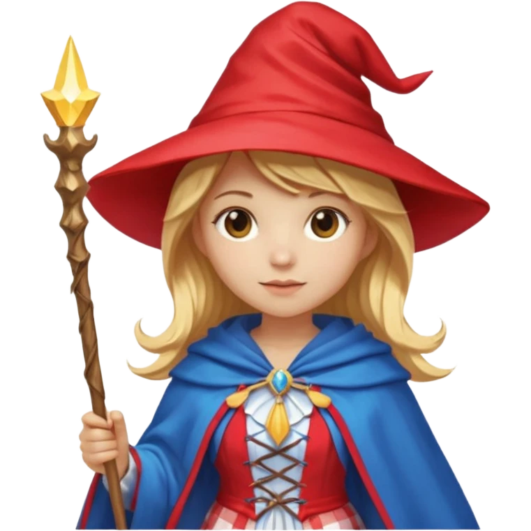 young woman mage with golden blonde hair, in a red and white gingham dress, blue cloak and pointy hat, holding a glowing staff, emoji style emoji