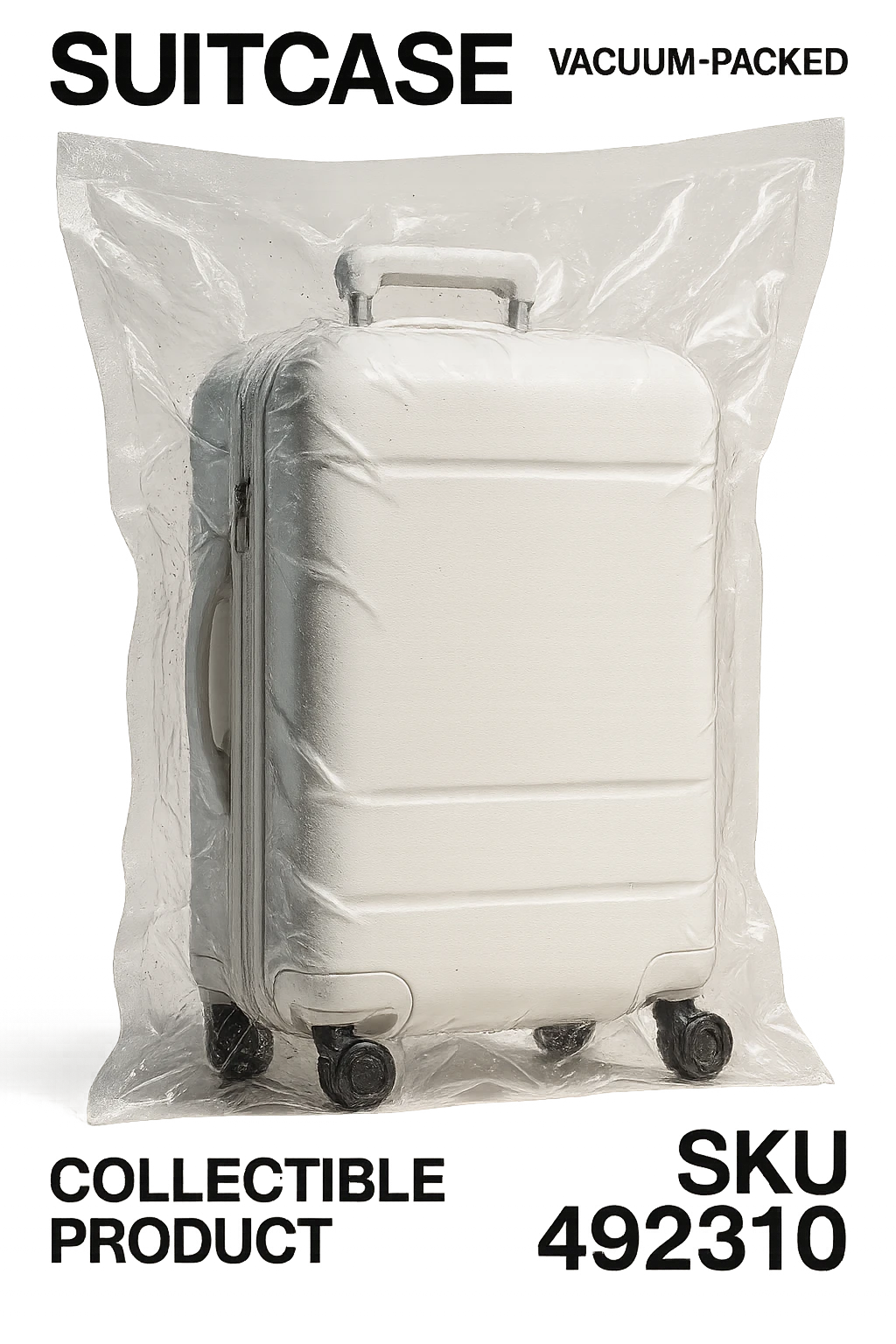 white suitcase on wheels, vacuum sealed style, angled view, soft shadows and highlights, pure white color, transparent background, no decoration emoji