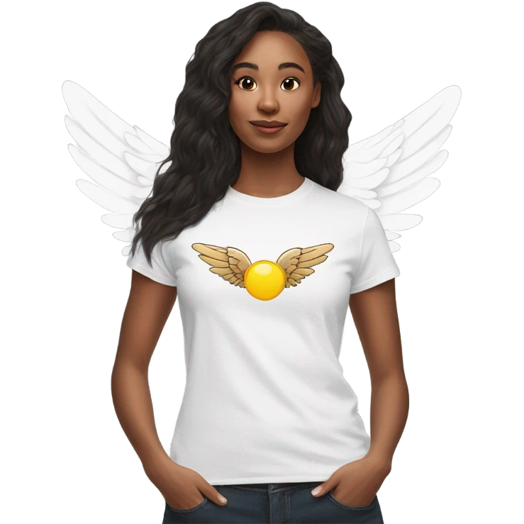 womans white t shirt with small drawing of wings on the front emoji