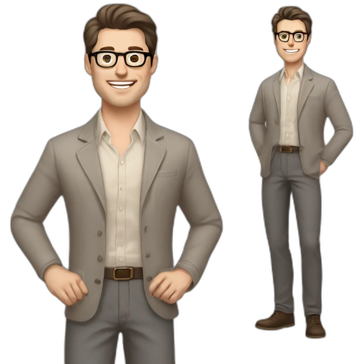 Joyful Full height Pale skinned Fit Man With dark brown hair in gray classic jacket, beige office shirt, Brown pants and vintage glasses. Thrumbs of his palms are up emoji
